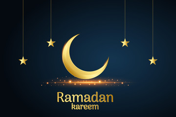 Obraz na płótnie Canvas Golden Islamic moon and stars, ramadan kareem written with black background, vector