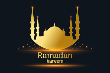 Golden Mosque silhouette and written ramadan kareem, hanging lamps with black background, vector