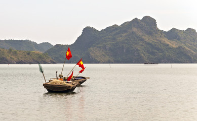 Landscape Smaller Bamboo Basket Boat in Halong Bay