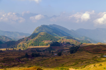 Nature landscape volcano hill Mountain in the cloud and fog