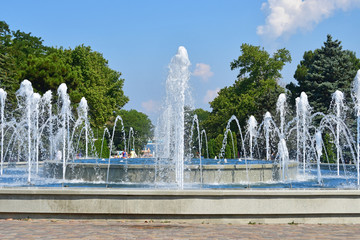 Russia, Anapa city,  musical fountain on the square of the Soviets in sunny day 