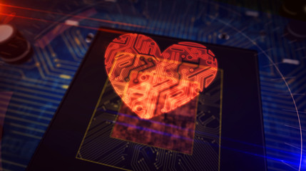 CPU on board with heart symbol hologram display