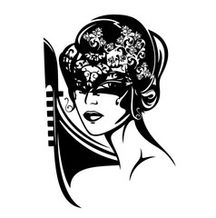 mysterious beautiful woman with face covered under mask - venetian carnival black vector portrait