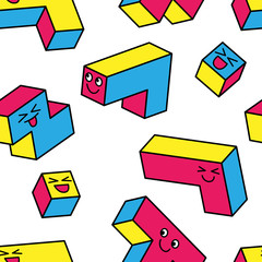 Kawaii colorful tetris 3d blocks on white background. Seamless pattern. Vintage 80s style design