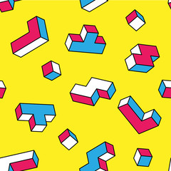 White, blue, red game 3d blocks seamless pattern on yellow background. Vintage 80s style design.