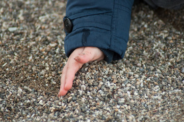 closeup of hand of little boy playing in the land