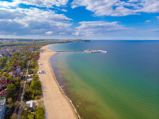 The beach in Sopot, Poland. Drone aerial photo - obrazy, fototapety, plakaty