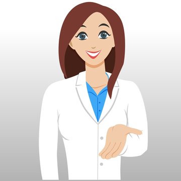 A woman doctor offers medicine on an open palm. Vector illustration for design