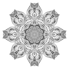 Round black braided lace napkin. Decorative fractal mandala. Plant and wavy natural elements. The stylization of the sun.