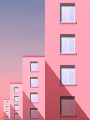 Day city landscape. Part of the street with a number of new panel houses in pink tones against the Sunny sky. - 267284048