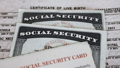 Two USA Social Security cards with number obscured surrounded by US dollars or American dollars.  The SSN has become a de facto national identification number for taxation and other purposes. 