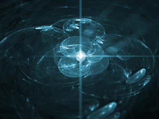 Scientific 3d illustration of nuclear energy. Collision of particles and atoms. Burst of energy.