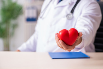 Male doctor cardiologist holding heart model 