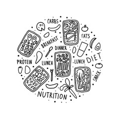 Health food vector set. Lunch boxes with meal.