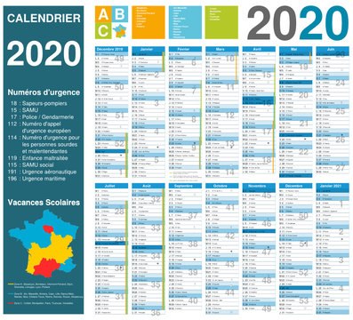 Calendrier 2020 14 mois avec vacances scolaires officielles entièrement modifiable via calques et texte arial