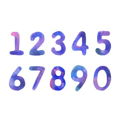Set of numbers back to school watercolor texture on white isolated background	