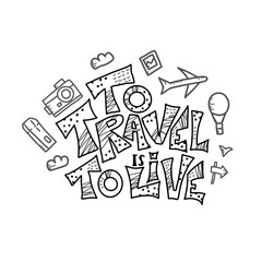 Travel quote with doodle symbols in vector.