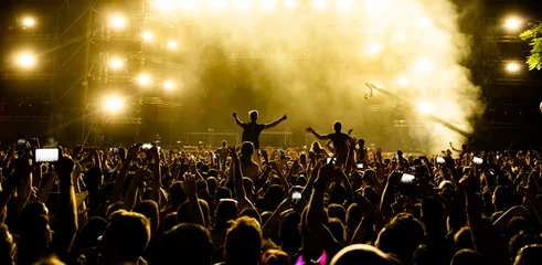 Fototapeten Rear view of fans with smart phones in front of stage at music festival. © Drazen