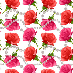 Seamless Endless Pattern with Print of beautiful roses and realistic pearls on white background. Can be used in food industry for wallpapers, posters, wrapping paper, wedding cards.