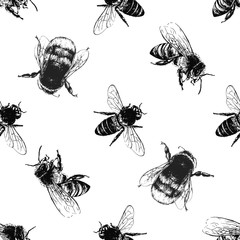 Seamless pattern of hand drawn sketch style bumblebees and bees isolated on white background. Vector illustration.