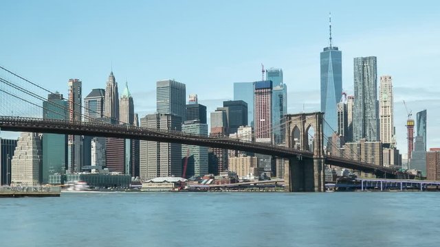 New York City Brooklyn Bridge downtown buildings skyline time-lapse