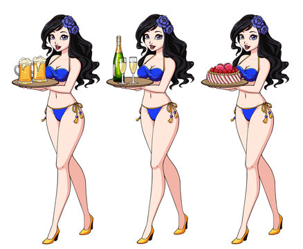 Pretty cartoon girl with black hair in blue bikini swimsuit holding beer, champagne and cake.
