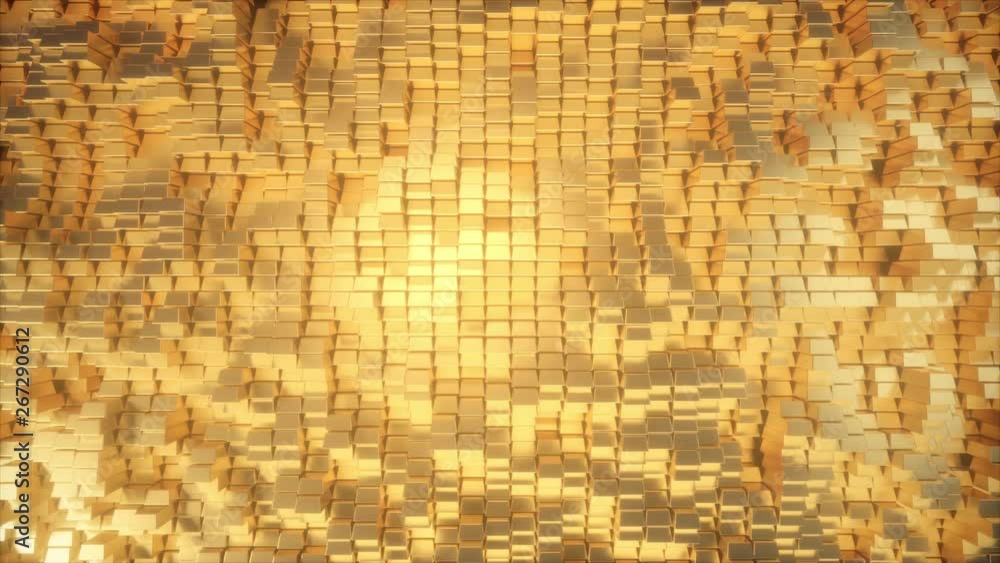 Poster beautiful abstract golden cubes. the golden wall of blocks is moving. seamless loop 4k cg 3d animati