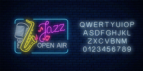 Neon jazz festival banner with retro microphone, saxophone and lettering in rectangle frame with alphabet