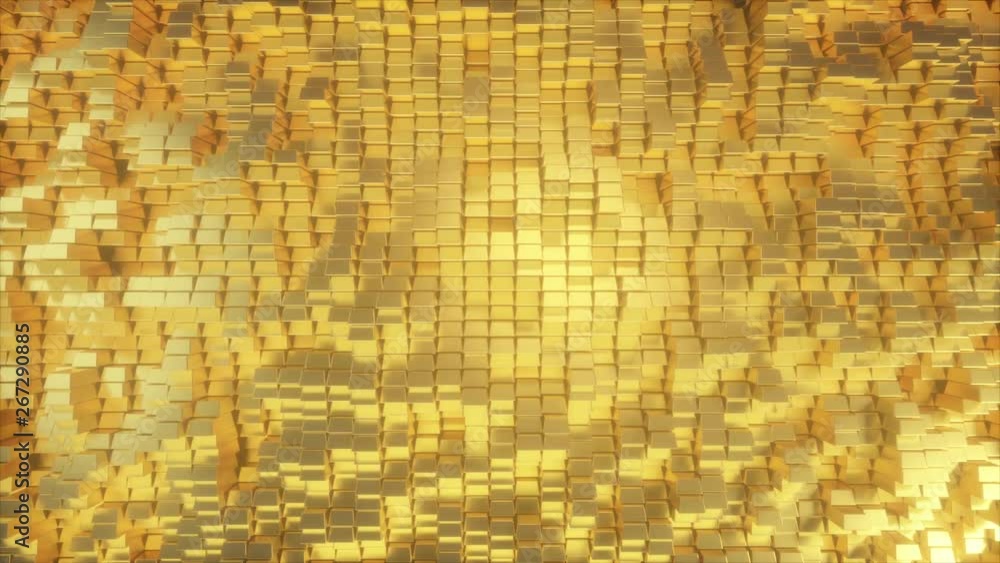 Poster beautiful abstract golden cubes. the golden wall of blocks is moving. seamless loop 4k cg 3d animati