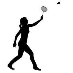 Black silhouette of female badminton player on white background