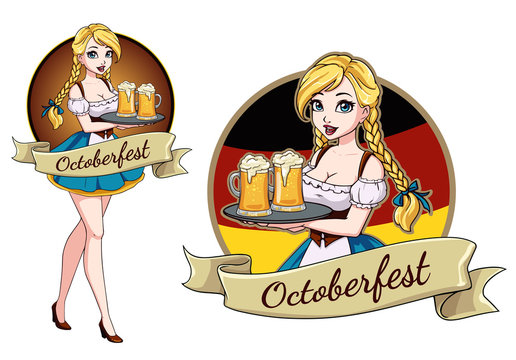 Pretty cartoon girl with beer, Oktoberfest logo design with space for text, invitation.