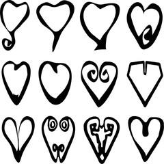 Hand-drawn set of hearts. Cute hearts to decorate your design. Love symbol icon set. Vector illustration.