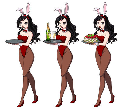 Cartoon sexy pin up bunny girl with champagne and cake.