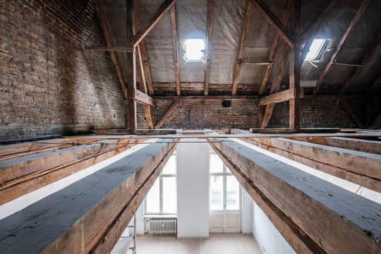 floor beams in attic / loft during renovation,  roof under construction