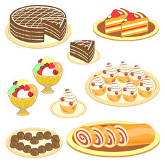 Collection of sweets. Exquisite treats, cake, ice cream, roll, cupcakes, muffins, sweets. Decoration of the festive table. Vector illustration