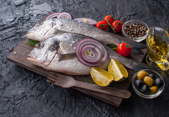 Fresh Dorado fish. Raw Dorado fish and ingredient for cooking. Fresh Dorado fish, Dorado with salt,...