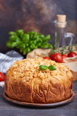 Delicious closed savory pie with eggs and spinach filling