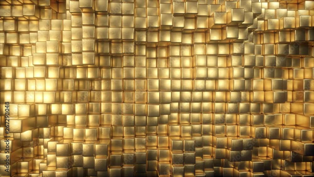 Poster beautiful abstract golden cubes. the golden wall of blocks is moving. seamless loop 4k cg 3d animati