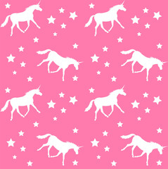 seamless vector unicorn white silhouette pattern with stars isolated on pink