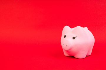 New Year's pig. Pink pig on a red background with copy space.