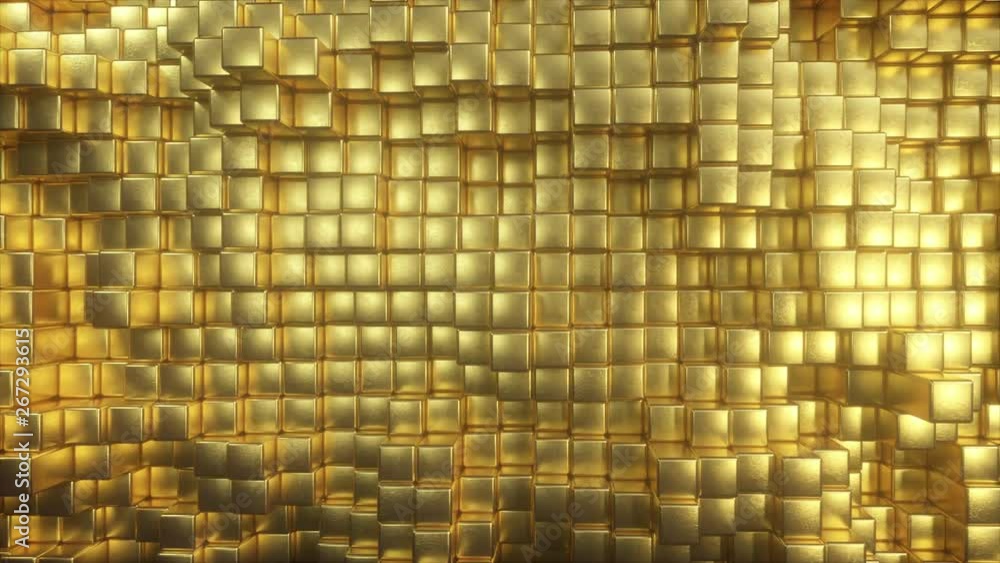 Poster beautiful abstract golden cubes. the golden wall of blocks is moving. seamless loop 4k cg 3d animati
