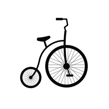 Vector flat cartoon black icon of one wheel circus retro bicycle isolated on white background 
