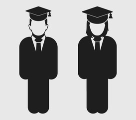 Graduate Student couple Icon. Standing Male and Female symbol on gray background.