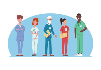 Hospital medical staff in different uniform. Professional hospital services, male and female doctors team. Medical workers vector illustration.