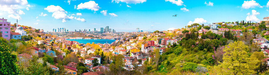 Obraz premium Widok na miasto Stambuł w Turcji i domy z mostem Bosfor na Morzu Marmara