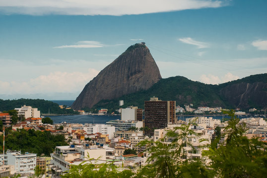 Brazil, City of Rio de Janeiro, Santa Teresa Neighbourhood, View over Catete and Flamengo towards Sugarloaf Mountain from Parque das Ruinas.