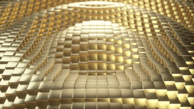 Abstract gold cubic surface in motion. Seamless loop 3d animation of cubes moving up and down.