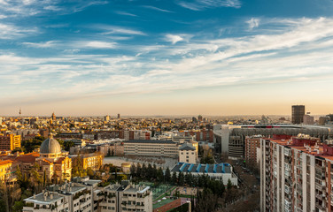 View of the Madrid city skyline at dusk