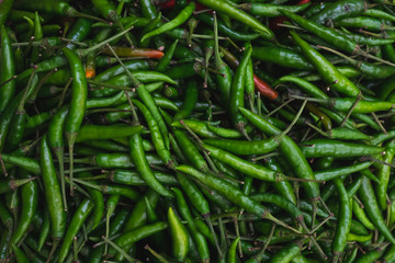 Close up green chilli pepper in the market