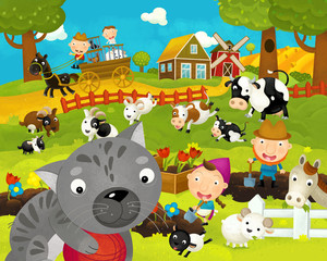 cartoon happy and funny farm scene with happy cat - illustration for children